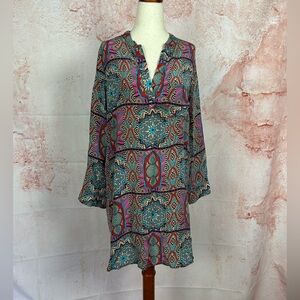 TOLANI global medallion silk shirt dress size S boho artisan mixed print v-neck